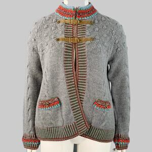 Size 12 Grey Multi Color Wool Cable Knit Bobble Leather Trim Jacket